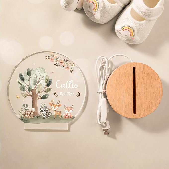 Personalized Forest Animal Night Light for Kids, Custom Name and Text Led Nightlight Nursery Decor Gift for Kids