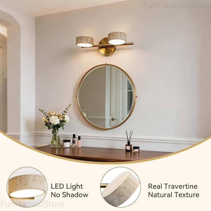Led Bathroom Lighting Fixtures Over Mirror with 2 Travertine Shades,Vanity Lights Wall Lamp, 180° Rotatable Stone Lampshades Bathroom Lights, Modern Farmhouse Stone Sconces Gold