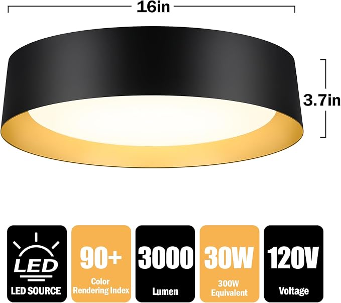 Flush Mount Ceiling Light, 16in Modern Ceiling Light 5 Color Temperature | 30W Bathroom Ceiling Light Fixture, 3000LM Dimmable LED Flush Mount Light for Bedroom, Hallway, Kitchen, White and Gold