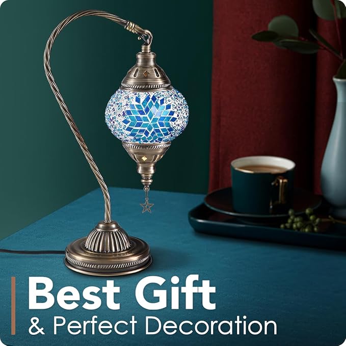 Yarra-Decor Turkish Moroccan Lamp with Bronze Base 3 Color Options Handmade Swan Neck Mosaic Glass Bedside Lamps for Bedroom (LED Bulb Included)(Blue2)