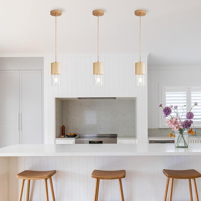 3-Pack Gold Pendant Light Fixtures, Adjustable Modern Pendant Lights for Kitchen Island, Industrial Clear Glass Pendant Lights for Dining Table Hallway Bedroom Living Room
