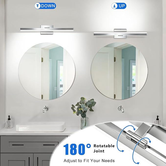 IZORRO Modern Bathroom Vanity Light 16 inch, Rotatable, 12W Dimmable Led Bathroom Light Fixture Over Mirror, Chrome Vanity Light Bar (Cool White 6000K)