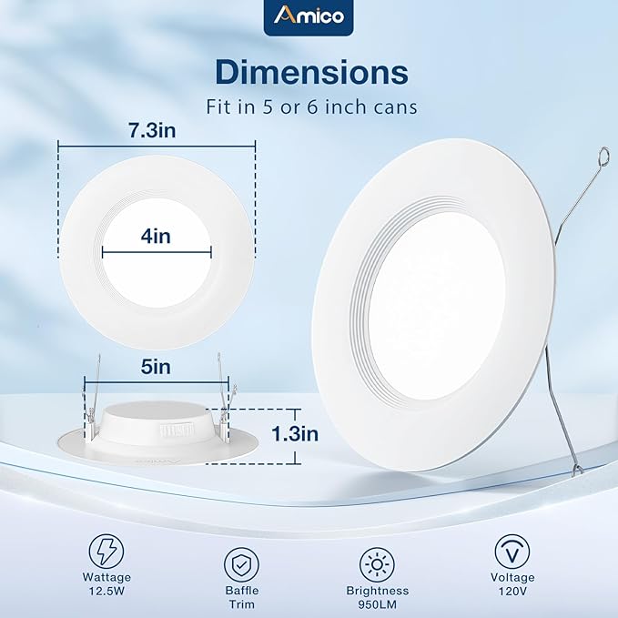 Amico 5/6 inch 5CCT LED Recessed Lighting 12 Pack, Dimmable, Damp Rated, 12.5W=100W, Can Lights with Baffle Trim, Retrofit Installation, ETL&FCC, White