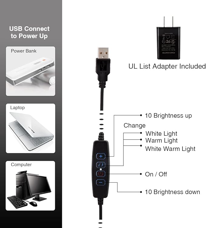 Clamp on Lamp, Clip Light, Desk Lamps 3 Color Temperature Setting, 10 Brightness Levels, 2m USB Cord Power Supply and AC Adapter Included, Pack of 2 (Black)
