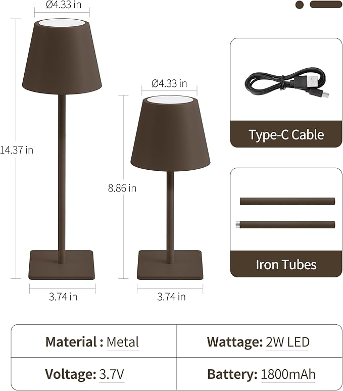 UME 3 Pack Cordless Table Lamp, Battery Operated Lamp - Portable Waterproof Rechargeable Table Lamp w/ 3 Color Temps & Stepless Dimming for Dinner, Desk, Cafe, Outdoor (Matte Brown)