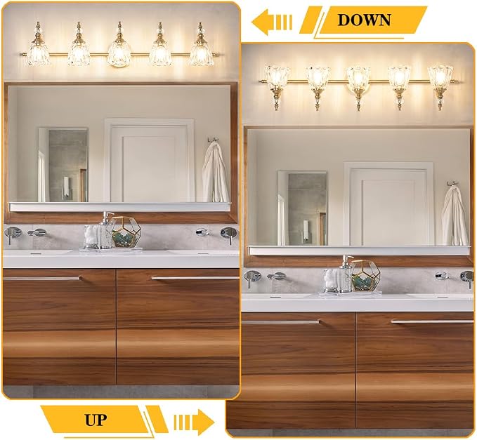 Brushed Antigue Brass Bathroom Light Fixtures, 5 Lights Vanity Light with Flower Glass Shade, Bathroom Vanity Light Over Mirror, Vintage Sconces Wall Lighting for Hallway Livingroom Bedroom