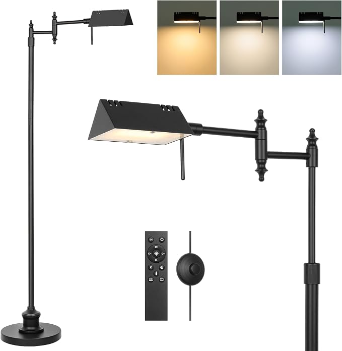 Bairth Black Reading Floor Lamp, Dimmable Pharmacy Standing Lamp | 3 Color Temperature, Dimmable, 17W LED, Height Adjustable, 360°Swing Arm, for Living Room, Bedroom, Office, Craft & Sewing