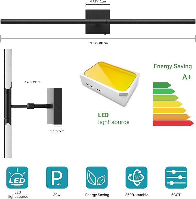 Tipace Hard-Wired LED Black Vanity Light Fixtures for Bathroom Over Mirror 39.4 inch LED Bath Sconces Hardwired 5CCT Adjustable Morden Picture Lights for Paintings