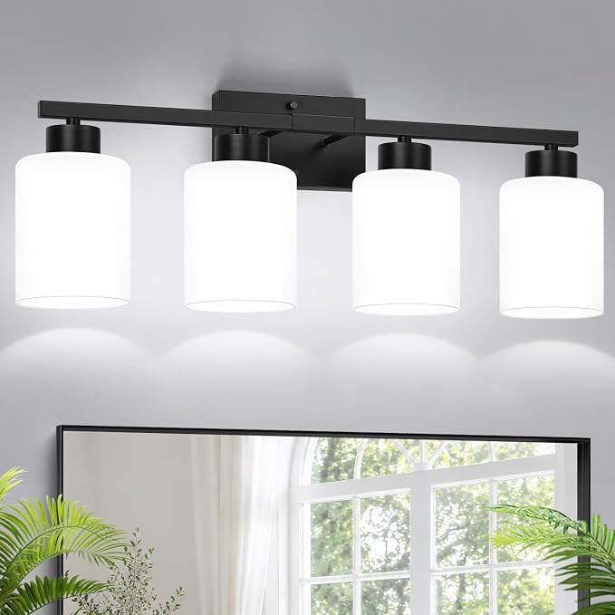 4-Light Bathroom Vanity Light Fixture, Matte Black Finish with Frosted Glass Shades, Modern Bathroom Light Fixtures for Mirror, Living Room, or Bedroom, E26 Socket