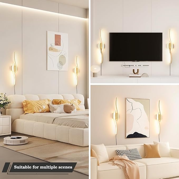Daunton Modern Gold Plug in Wall Sconce Set of 2, Indoor Dimmable Light Fixture with Plug in Cord for Living Room, LED Sconces Lighting with Remote Control, Wall Lighting Decor for Hallway Bedroom