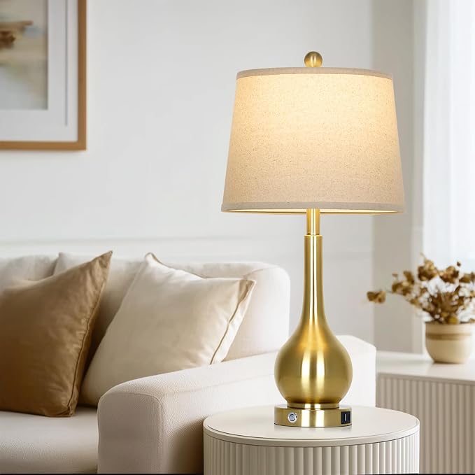 26" Gold Table Lamp for Living Room Single, Touch Control Bedroom Lamps for Nightstand, 3-Way Dimmable Bedside Lamp with USB A+C Port (1 Pack)