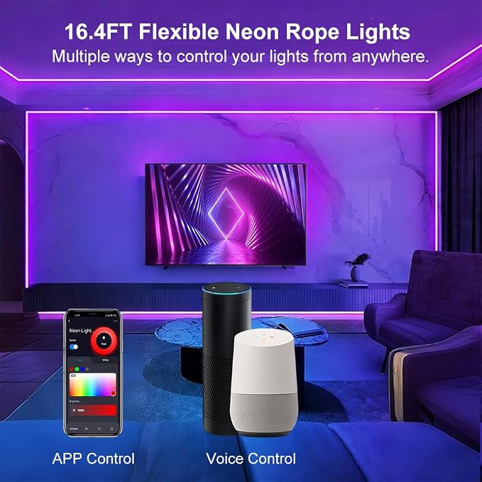 Smart Neon Rope Lights, 16.4FT RGBW LED Strip | Alexa Compatible, Ultra Bright, Plug-in Adapter Powered, IP65 Waterproof Flexible, App Control & Music Sync