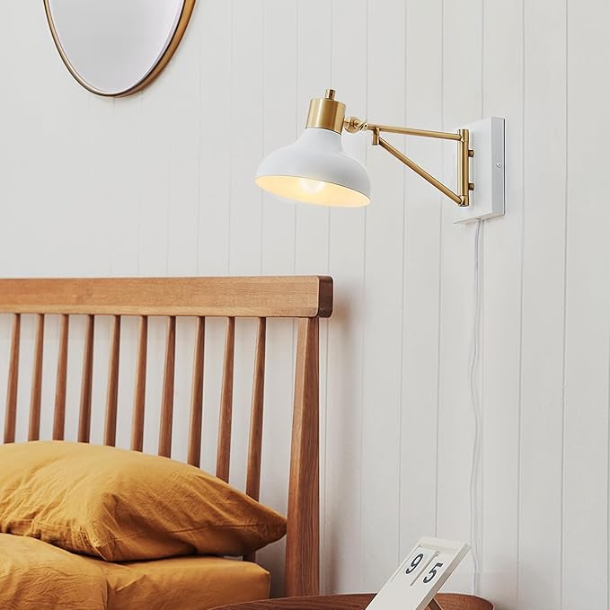 Globe Electric 51344 1-Light Plug-in or Hardwire Swing Arm Wall Sconce, White, Brass Accents, White-Cloth Cord, Mounted Bedside Lamp, Kitchen Sconces Wall-Lighting, Bulb Not Included