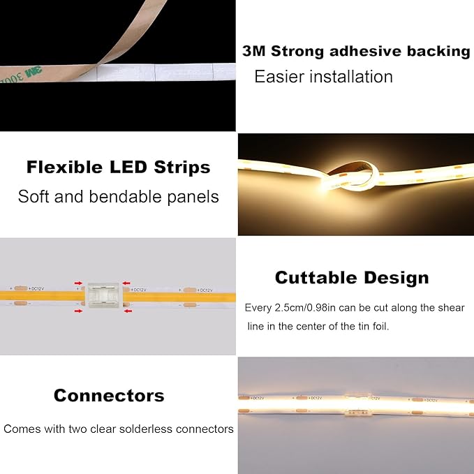 TOPAI 12V COB LED Strip 3000K Warm White 16.4ft Dotless IP65 Waterproof | High Density 480LEDs/M, CRI>90 4000Lm, Cuttable, Flexible, Self Adhesive Easy Install for Bedroom, Cabinet