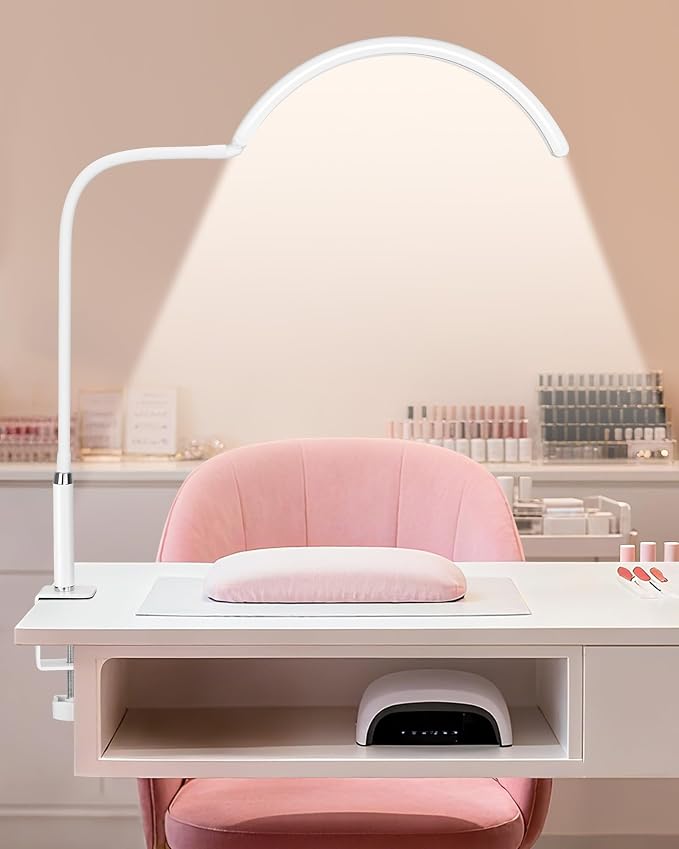 Professional Half Moon LED Desk Light for Nail Techs & Artists – Flexible Gooseneck Lamp with Clamp, 5 Color Modes & 5 Brightness Levels for Manicure, Tattoo, Beauty Work