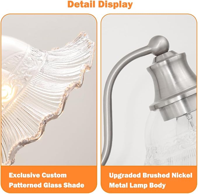 Brushed Nickel Bathroom Vanity Light Fixture Vintage, E26 Easy Mounted | Vanity Light with Flower Glass Shades, 18" Wide Bathroom Lighting Over Mirror, Easy Mounted for Bathroom, Bedroom, Hallway
