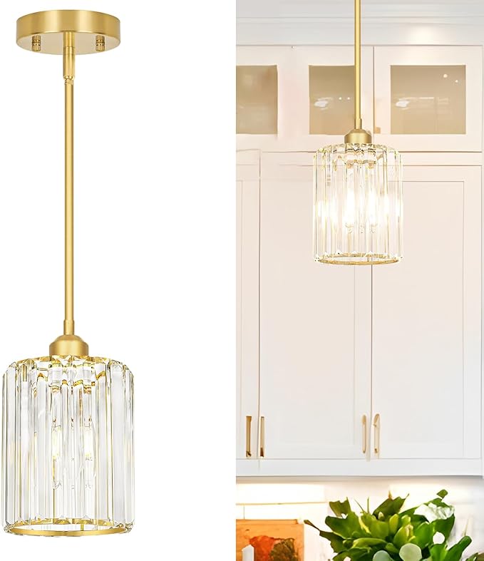 Lxybcce Brushed Gold Kitchen Pendant Lights Over Island with Adjustable Rods - Crystal Pendant Lighting Fixtures for Sloped Ceiling, Ideal Over Dining Table or Bar, E26 Bulb Compatible
