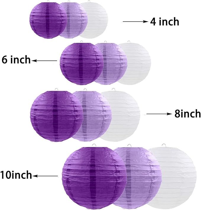 12pcs Purple Hanging Paper Lanterns,Lilac Round Paper Lanterns for Birthday,Baby Shower,Wedding,Party,Home Ceiling Decoration（4" 6" 8" 10" ）