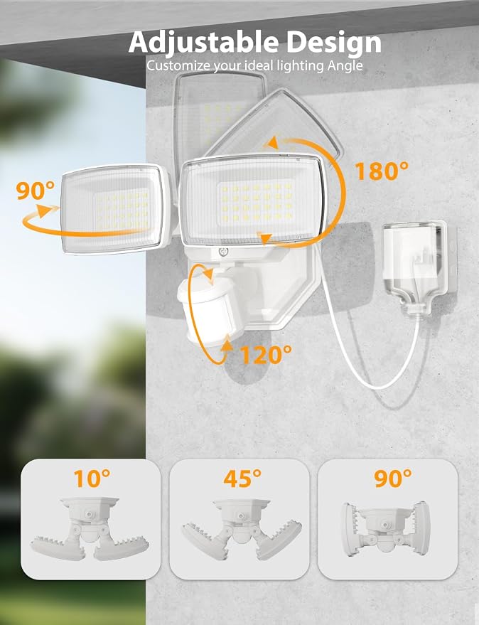 Onforu 32W Plug in Motion Sensor Lights Outdoor, 3200LM Motion Flood Light Dusk to Dawn, IP65 Waterproof Led Security Light Outside, 2 Heads Motion Activated Wall Light for Garage, Porch, Yard - White