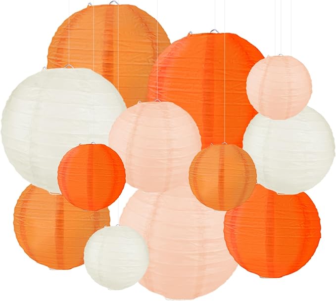 Fall Paper Lanterns, Orange Peach Cream Thanksgiving Party Hanging Paper Lanterns for Fall Festival Wedding Baby Shower Birthday Party Supplies (12 PCS)