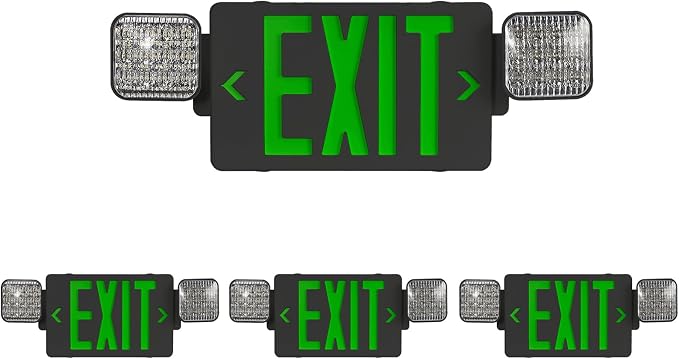 Black Green LED Exit Sign Emergency Light Combo, UL Listed Battery Backup | UL-listed commercial fire exit sign features 90-min battery backup, 360° rotating dual heads, and easy dual-mount setup.