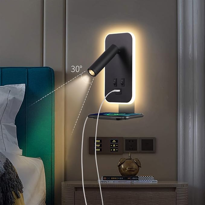 LED Wall Lamp Wall Mounted Reading Lights, Adjustable Headboard Plug in Wall Sconce with USB Ports, Headboard Bedside Lamp with 3W+9W Night Light 3000K, Bedroom ambiance Lighting, Black