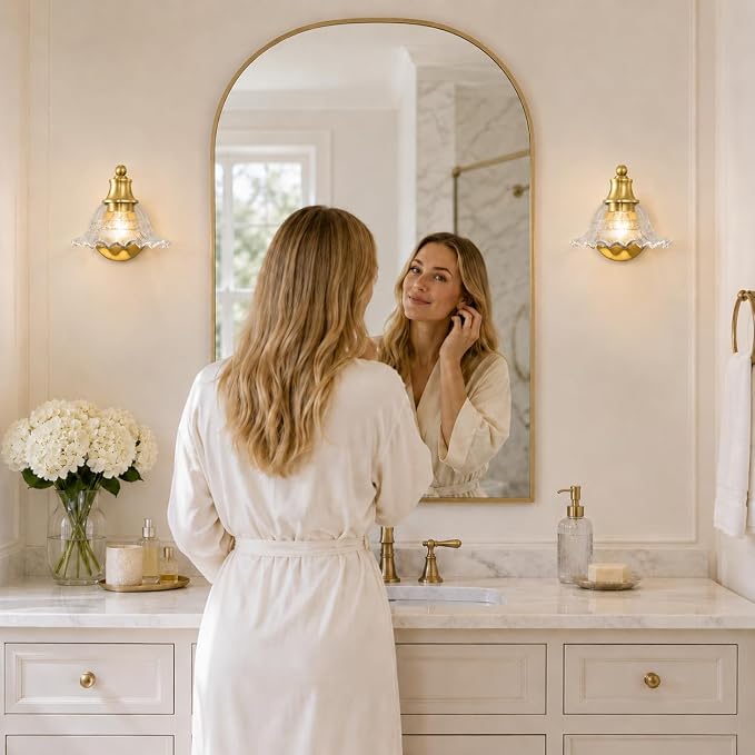 Bright Brushed Gold Bathroom Wall Sconce Vintage Style, E26 Easy Mounted | Vanity Light with Flower Glass Shade, Bathroom Wall Lighting Fixture Beside Mirror, Easy Mounted for Bedroom, Hallway