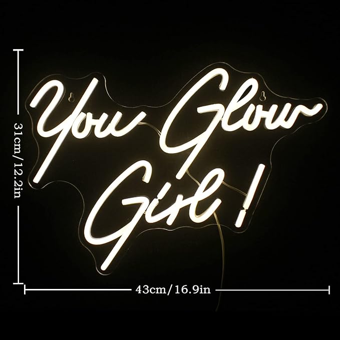 You Glow Girl Neon Sign Led Warm White Word Neon Light Up Signs for Wall Decor Usb Letter Neon Lights for Bedroom Home Wedding Birthday Party Girls Gifts