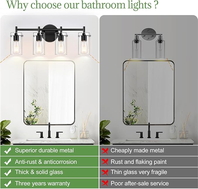 4-Light Matte Black Bathroom Vanity Light Fixtures, Clear Glass Shade Wall Sconces for Mirror, Bedroom, Living Room, Hallway