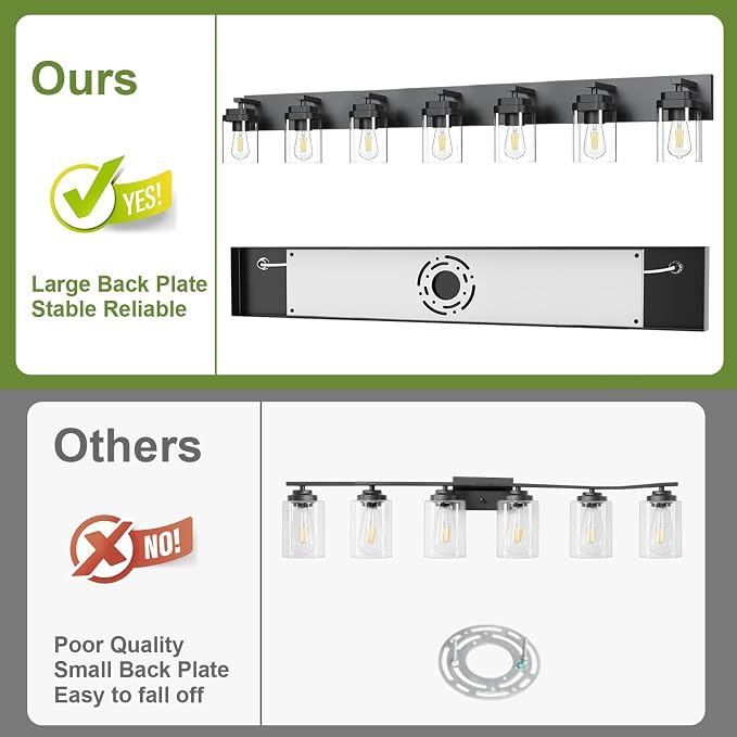 Black Bathroom Light Fixtures, 7 Lights Bathroom Lighting Fixtures Over Mirror, Square Design & Rectangle Large Backplate, Modern Vanity Lighting Fixtures, for Bathroom/Living Room/Bedroom