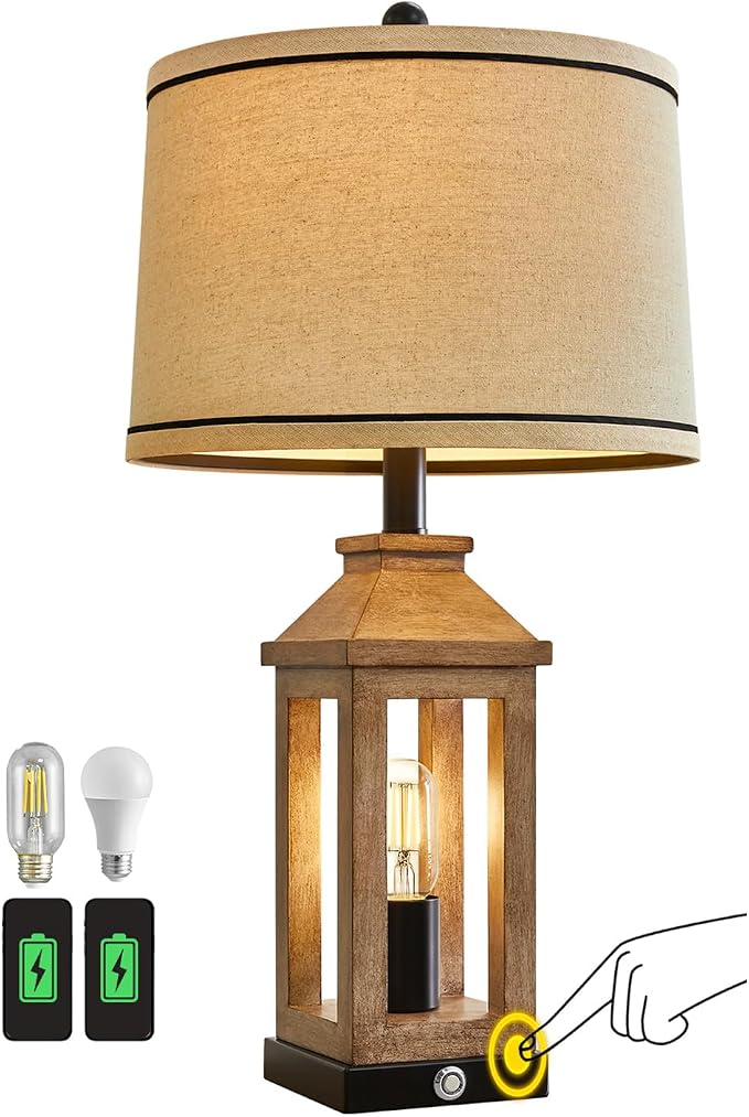 G-SAFAVA 23.75" Farmhouse Table Lamps USB A+C Charging Ports 3-Way Dimmable Touch Control Lamp Nightlight Vintage Modern Lamp for Living Room Bedroom with 2 Light Sources