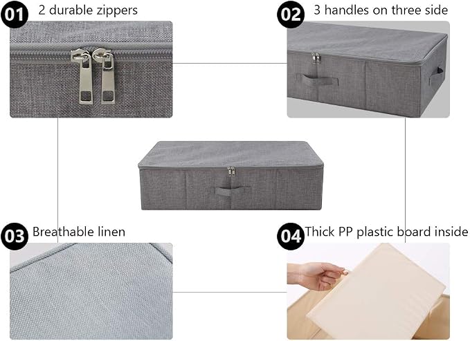 Under Bed Clothing Storage Organizer Boxes with Lid, Dark Gray | Underbed Storage Basket Container, 27.5*15.7*7", Folding, Rigid Sturdy Fabric Bins, 3-Size Zipper, Washable,space saving