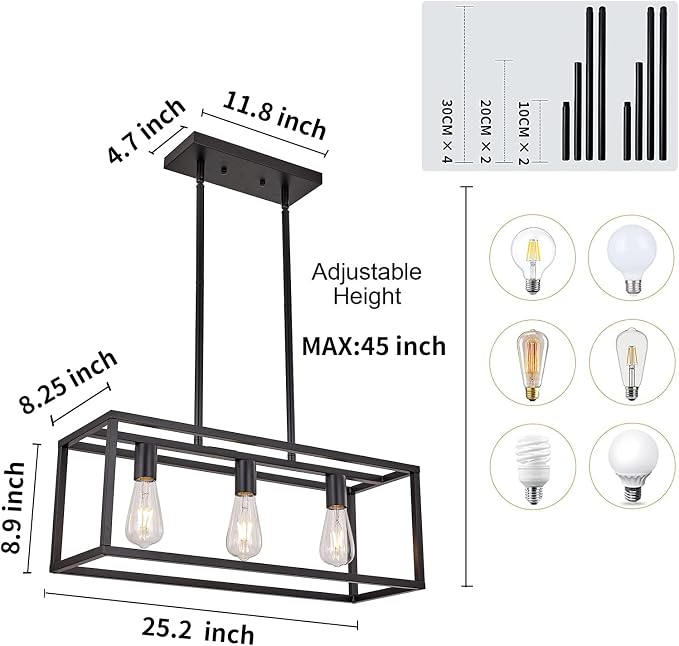 Farmhouse Rectangle Chandeliers for Dining Rooms, Modern Linear Hanging Light Fixture Matte Black 3-Light Industrial Pendant Lighting for Kitchen Island
