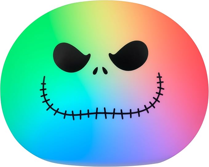 Disney Squish'ems Jack Skellington Night Light for Kids, Soft Silicone | 13 Color Modes and Dimmable Warm White Light for Kids Room, Bedroom, and Playroom, USB Powered with AAA Battery Option