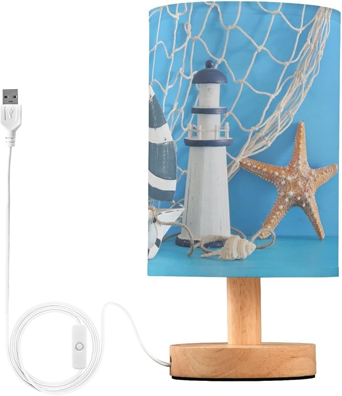 Table Lamp Nautical Sailboat Lighthouse Starfish Seashell Fishnet Blue Wood Nightstand Lamp with Wood Base Fabric Lamp Shade Bedside Desk Lamp for Living Room Bedroom Kids Room Office