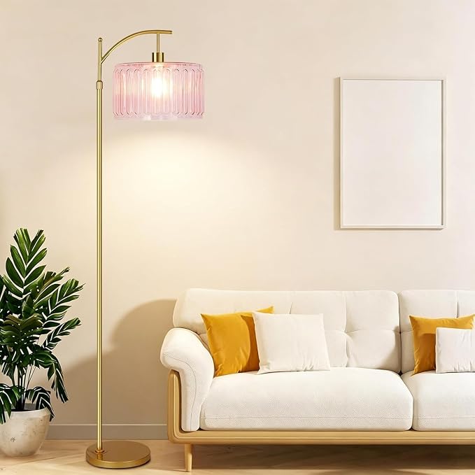 ILLMTW Pink Floor Lamp for Living Room,Bedroom,Gold Dimmable Standing Lamp with Remote,Mid Century Modern Brass Tall Lamp Boho Floor Lamps Arc Stained Glass Flower Floor Light Lamp Girls kids Bohemian