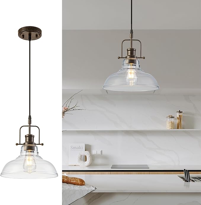 WILON Clear Glass Modern Pendant Light for Kitchen, Rust | 11'' Clear Glass Shade, Adjustable Height, E26 Ceramic Socket, 60W MAX, Farmhouse Style for Dining Room Kitchen Over Sink