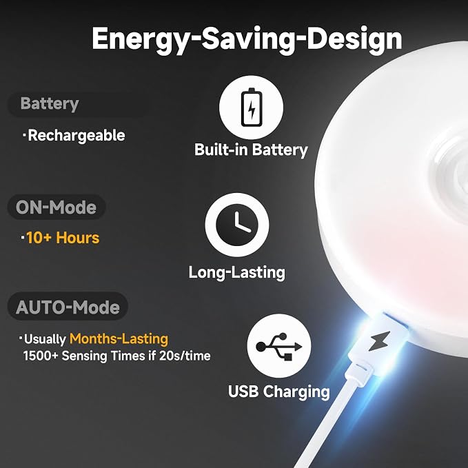 Improved LED Rechargeable Motion Sensor Light Indoor, Bright & Long-Lasting | Stick-On Motion Sensor Puck Night Lights for Closet, Cabinet, Kitchen, Hallway, Stairs - Warm 2Pack