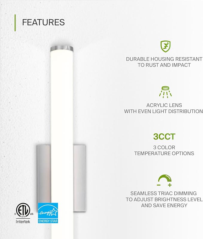 ASD 24" LED Linear Vanity Light Fixture, Modern Bathroom Sconce — 3 Color 3000K-5000K, Dimmable, 25W 1750LM, Energy Star & ETL Listed — Over Mirror Makeup Bar for Bedroom, Cabinets — Nickel, 4 Pack