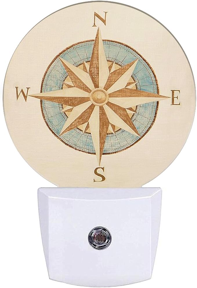 Nautical Compass Night Light Antique Windrose Navigation Wind Rose LED Dusk to Dawn Plug-in Nightlight Auto Sensor for Bedroom Bathroom Hallway Living Room