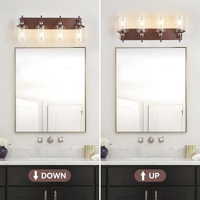 4-Light Bronze Bathroom Light Fixtures Over Mirror, Modern Bathroom Vanity Light with Clear Glass Shade, Wall Sconce for Bathroom Hallway Cabinet Bedroom