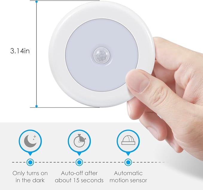 AMIR Upgraded 3.15” Motion Sensor Light Indoor, Cordless Battery Powered Stick on LED Night Lights for Closet, Stair, Under Cabinet, Hallway, Kitchen (White - Pack of 6)