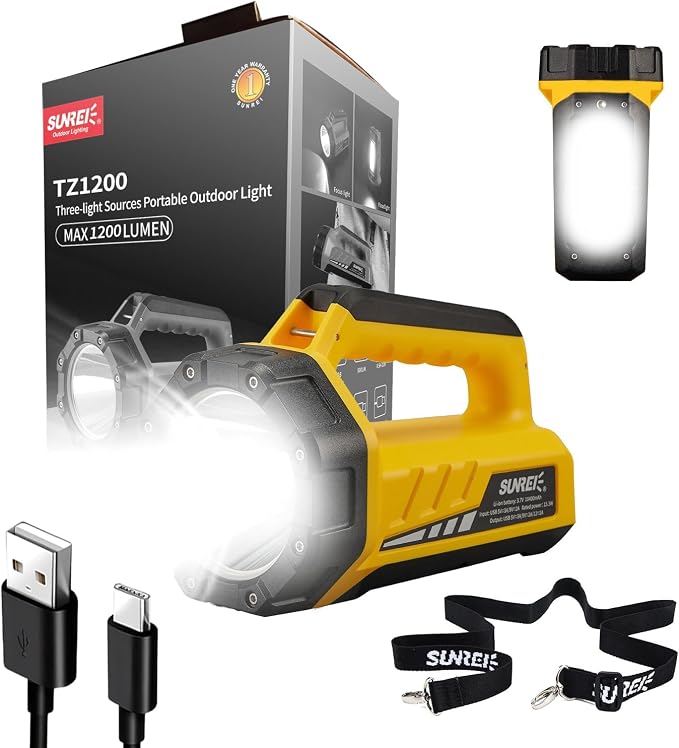 SUNREI 1500LM Rechargeable Box Flashlight, 10400mAh Emergency Lantern | IP67 Waterproof Portable Light with 8 Modes for Home Power Outages, Hurricane Emergencies, Outdoor Hiking & Camping