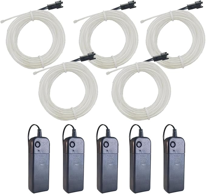 MaxLax EL Wire Ice Blue 5-Pack, 9ft/2.75m Neon Light Wire with Noise Reduction and Battery Pack…