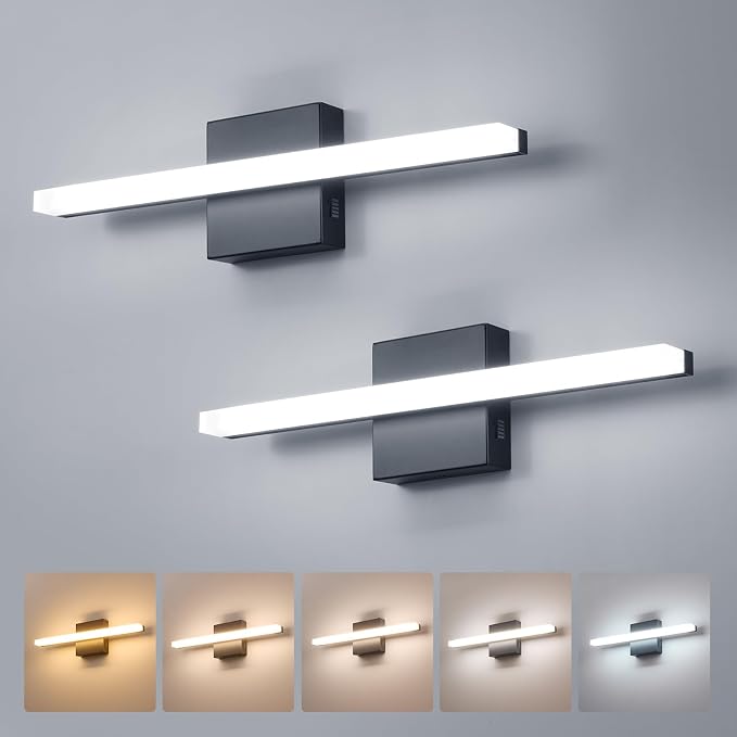 2 Pack Modern Bathroom Light Fixtures Above Mirror Small Vanity Lighting Bar 16Inch, 5 Color Adjustable Black Simple Slim Led Wall Sconce IP44 Rustproof Bright 10W 880LM for Bath Restroom