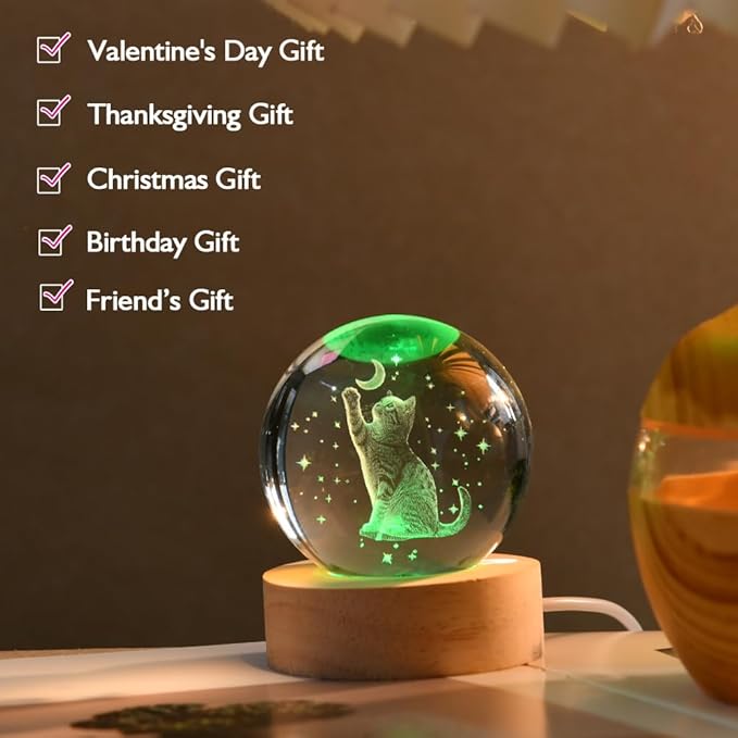 3D Cat Gifts for Women 60mm Crystal Ball Cat Lovers Gift Decor Cat Themed Gifts Lamp Glass Ball for Birthday Mothers Day Christmas Birthday