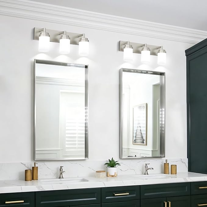Bathroom Light Fixtures, Brushed Nickel Bathroom Lighting Fixtures Over Mirror, Modern Vanity Light with White Glass Shade, Restroom Lighting Fixtures, 3-Light 22-inch