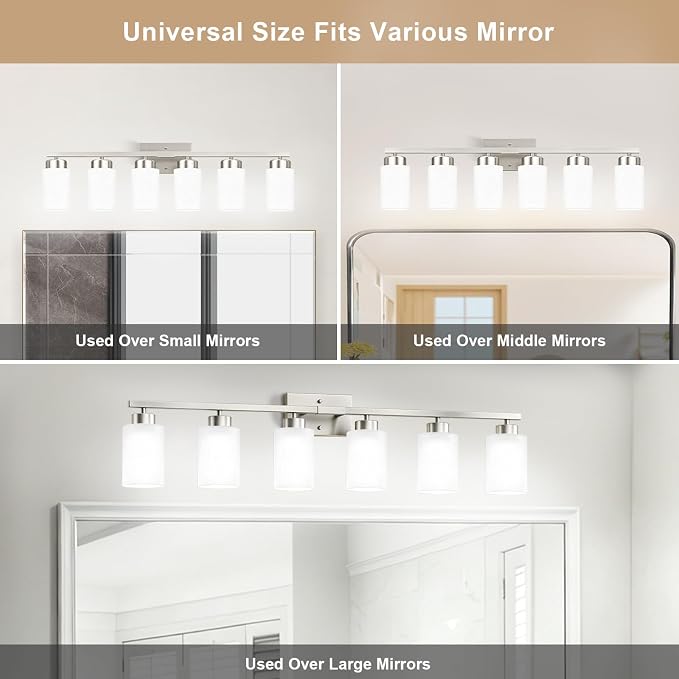 IZORRO Modern Bathroom Light Fixtures, 6 Light Brushed Nickel Vanity Lights, Bathroom Lighting Fixtures Over Mirror with White Glass for Living Room Cabinet Bedroom