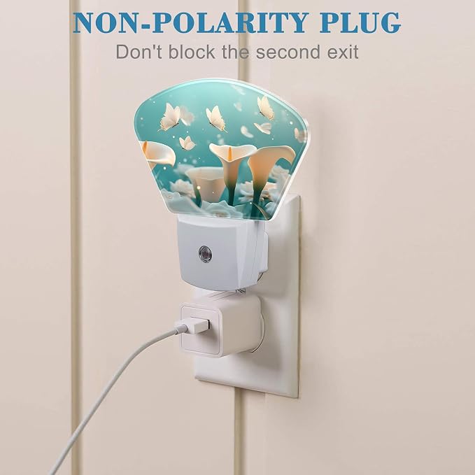 White Calla Lily Night Light Plug into Wall, White Butterfly Night Light with Dusk to Dawn Sensor for Kid Girls Boys Women Men Room, Hallway, Kitchen, Bathroom, Stairs Decor