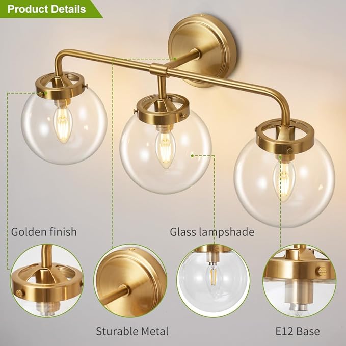 Gold Bathroom Vanity Light Fixtures Over Mirror, Modern Brass 3 Lights Wall Sconce Lighting with Transparent Glass Ball Shade, Mid Century Farmhouse Vanity Lights